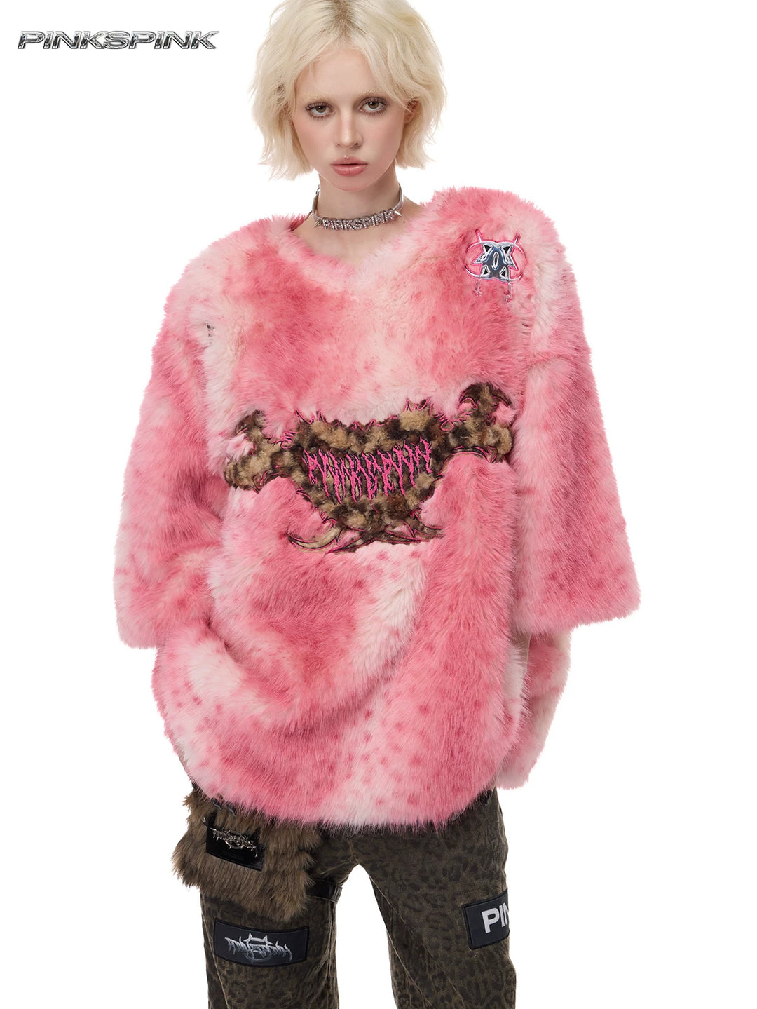 PINKSPINK ELECTRIC MOON thorn-heart faux-fur jersey in pink — front modeled view with hands in pockets