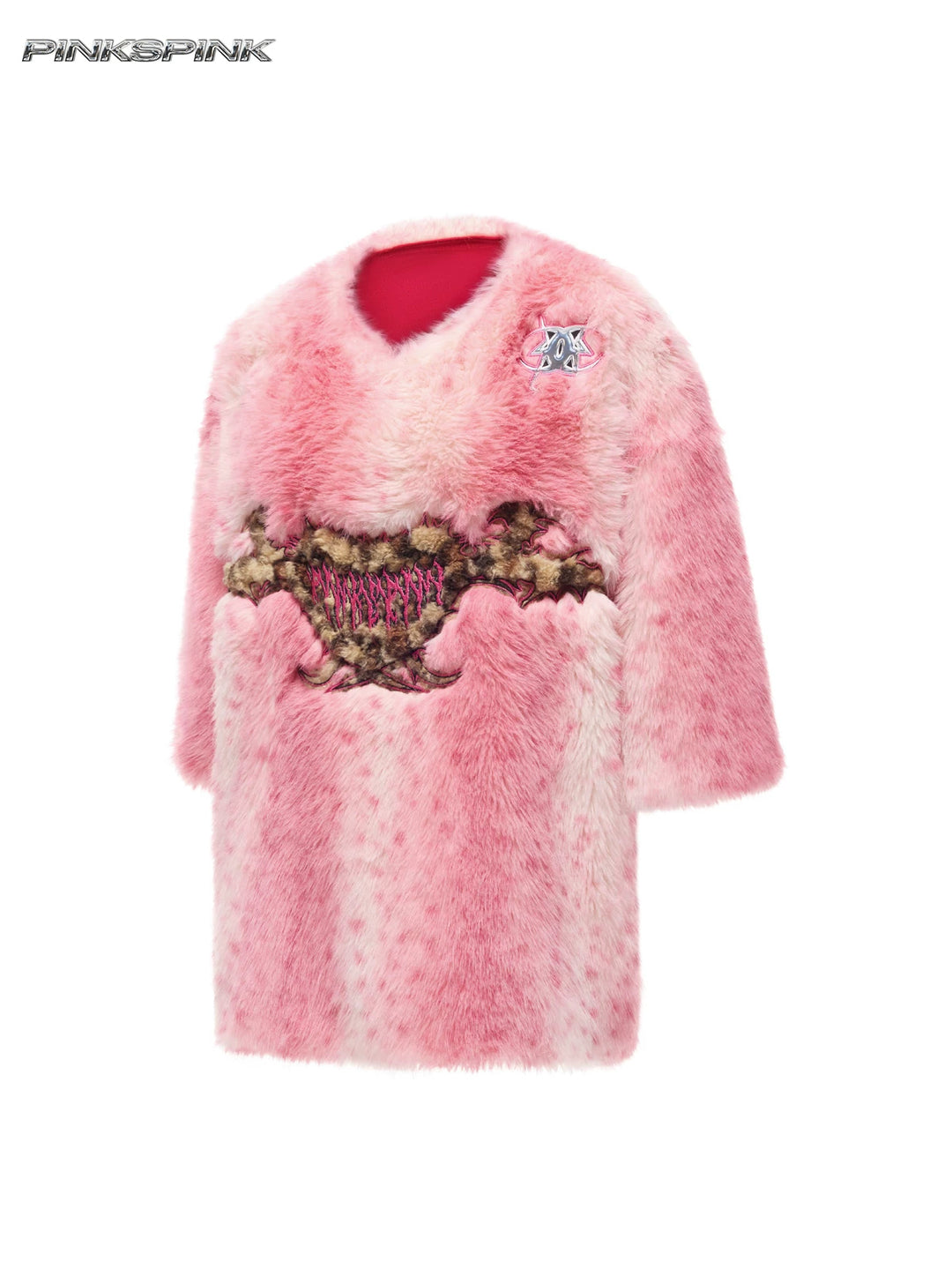 PINKSPINK ELECTRIC MOON thorn-heart faux-fur jersey in pink — front garment-only view of the V-neck and oversized sleeves