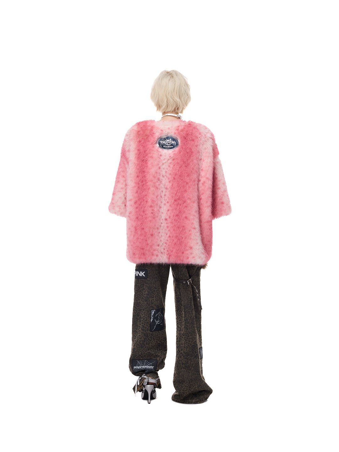 PINKSPINK ELECTRIC MOON thorn-heart faux-fur jersey in pink — full-length back modeled view with the oval emblem visible