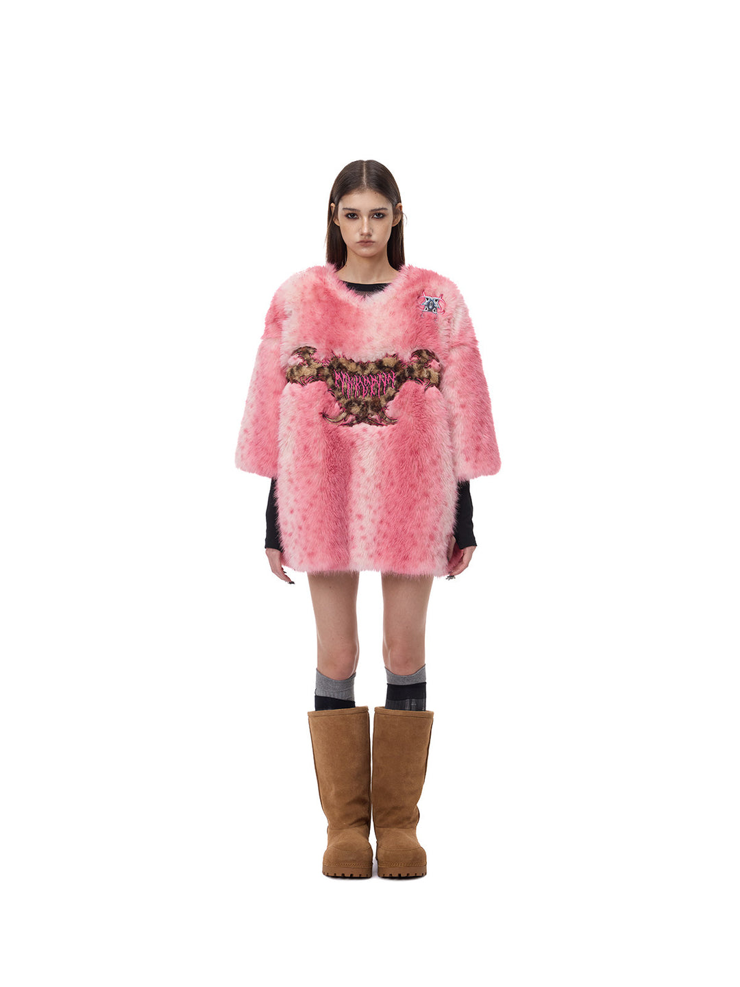 PINKSPINK ELECTRIC MOON thorn-heart faux-fur jersey in pink — straight-on full-length modeled view with boots