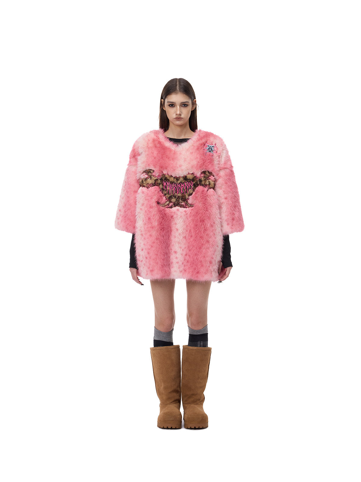 PINKSPINK ELECTRIC MOON thorn-heart faux-fur jersey in pink — straight-on full-length modeled view with boots