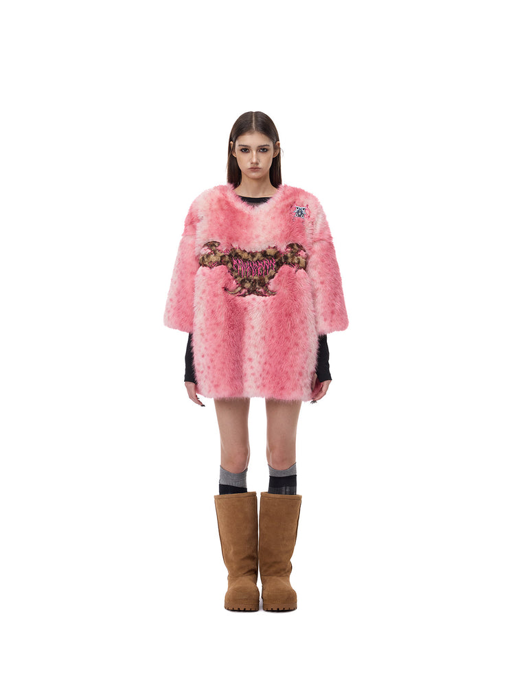 PINKSPINK ELECTRIC MOON thorn-heart faux-fur jersey in pink — straight-on full-length modeled view with boots