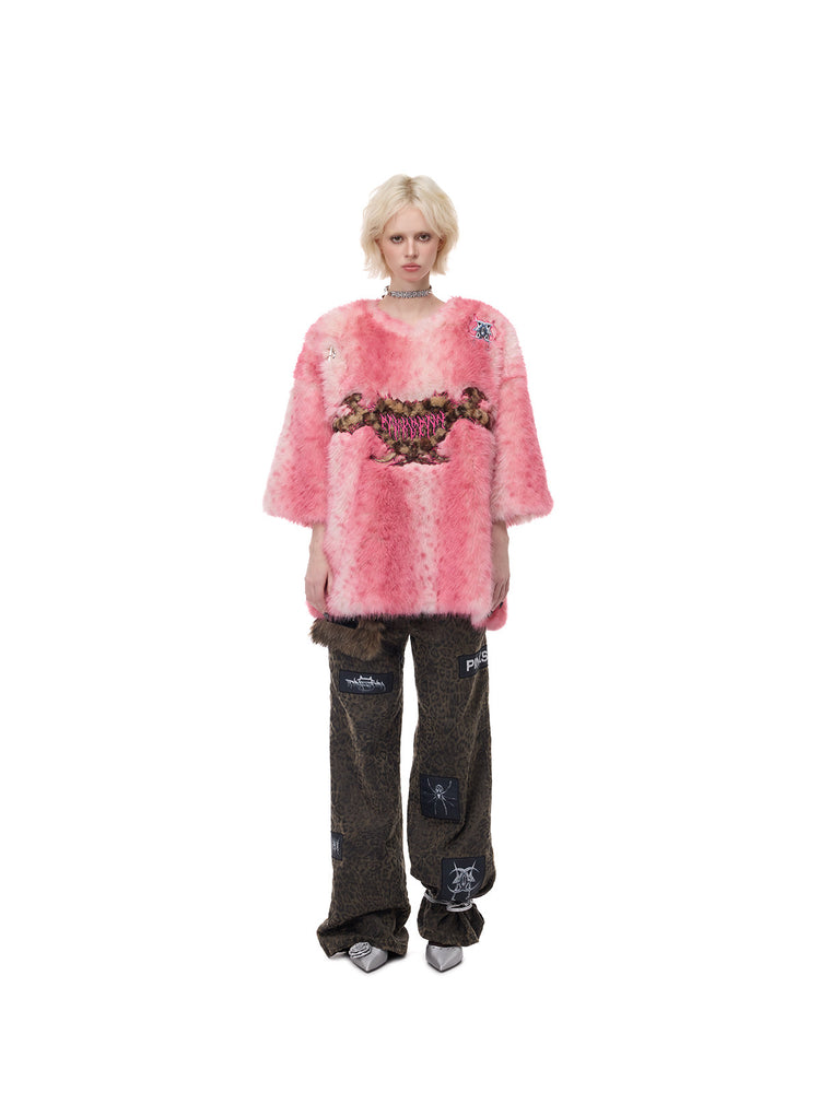PINKSPINK ELECTRIC MOON thorn-heart faux-fur jersey in pink — full-length front modeled view with leopard-pattern trousers