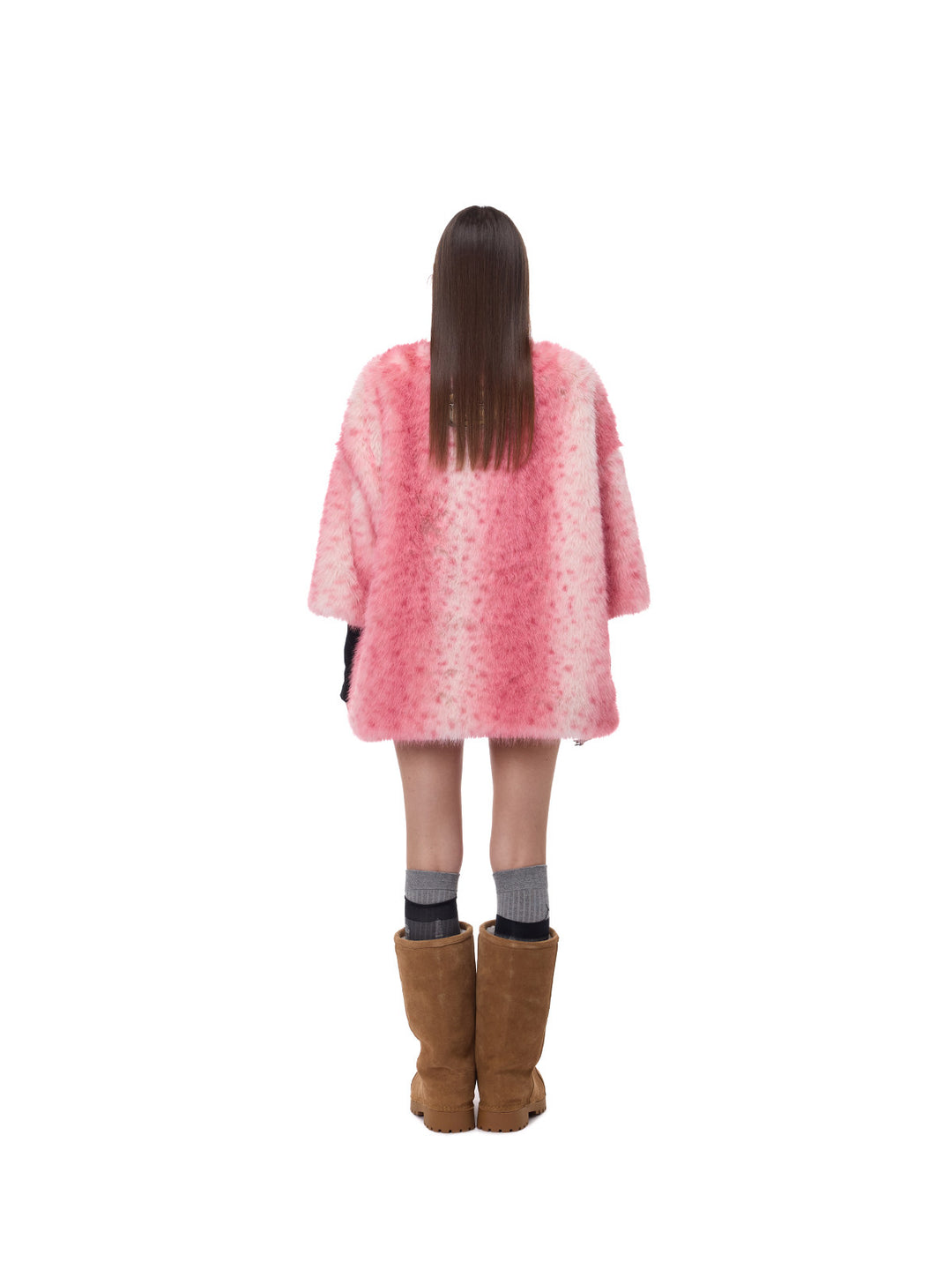 PINKSPINK ELECTRIC MOON thorn-heart faux-fur jersey in pink — full-length back modeled view styled with boots