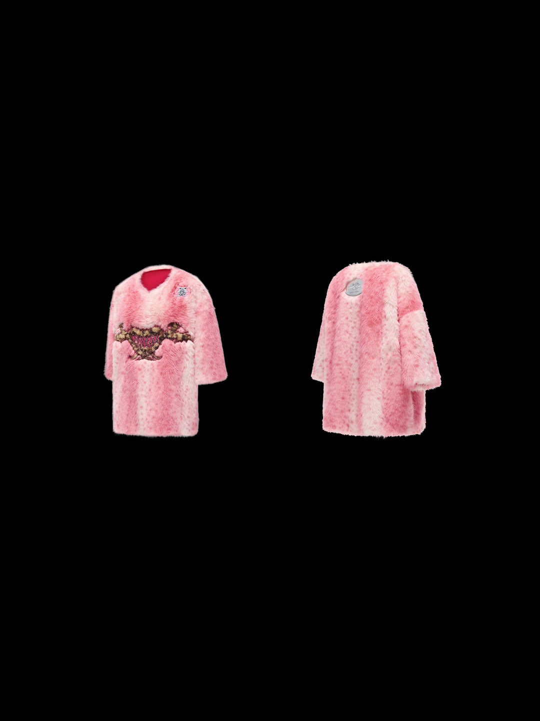 PINKSPINK ELECTRIC MOON thorn-heart faux-fur jersey in pink — front and back garment-only comparison on a black background