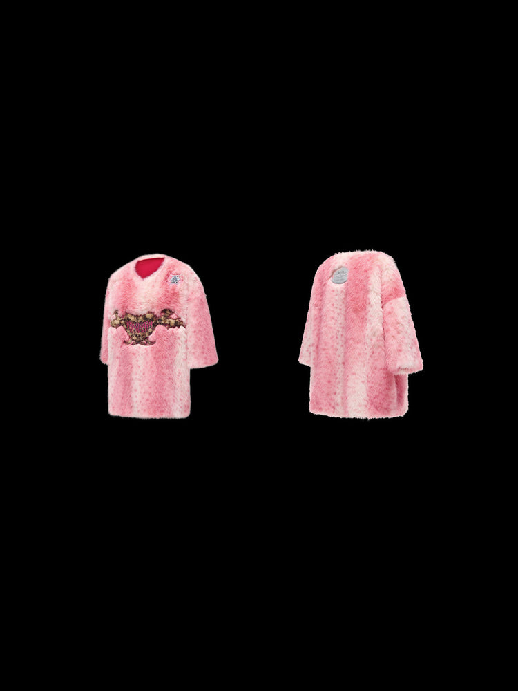PINKSPINK ELECTRIC MOON thorn-heart faux-fur jersey in pink — front and back garment-only comparison on a black background