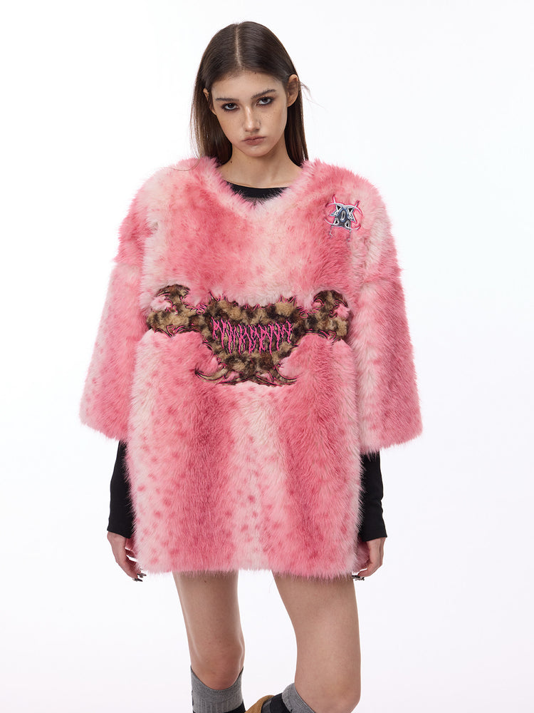 PINKSPINK ELECTRIC MOON thorn-heart faux-fur jersey in pink — three-quarter front modeled view of the oversized silhouette