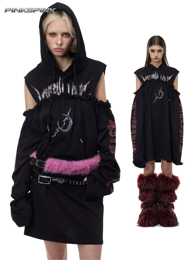 PINKSPINK ELECTRIC MOON cold-shoulder hooded sweatshirt dress in black — collage of hood-up detail and full-length unbelted styling