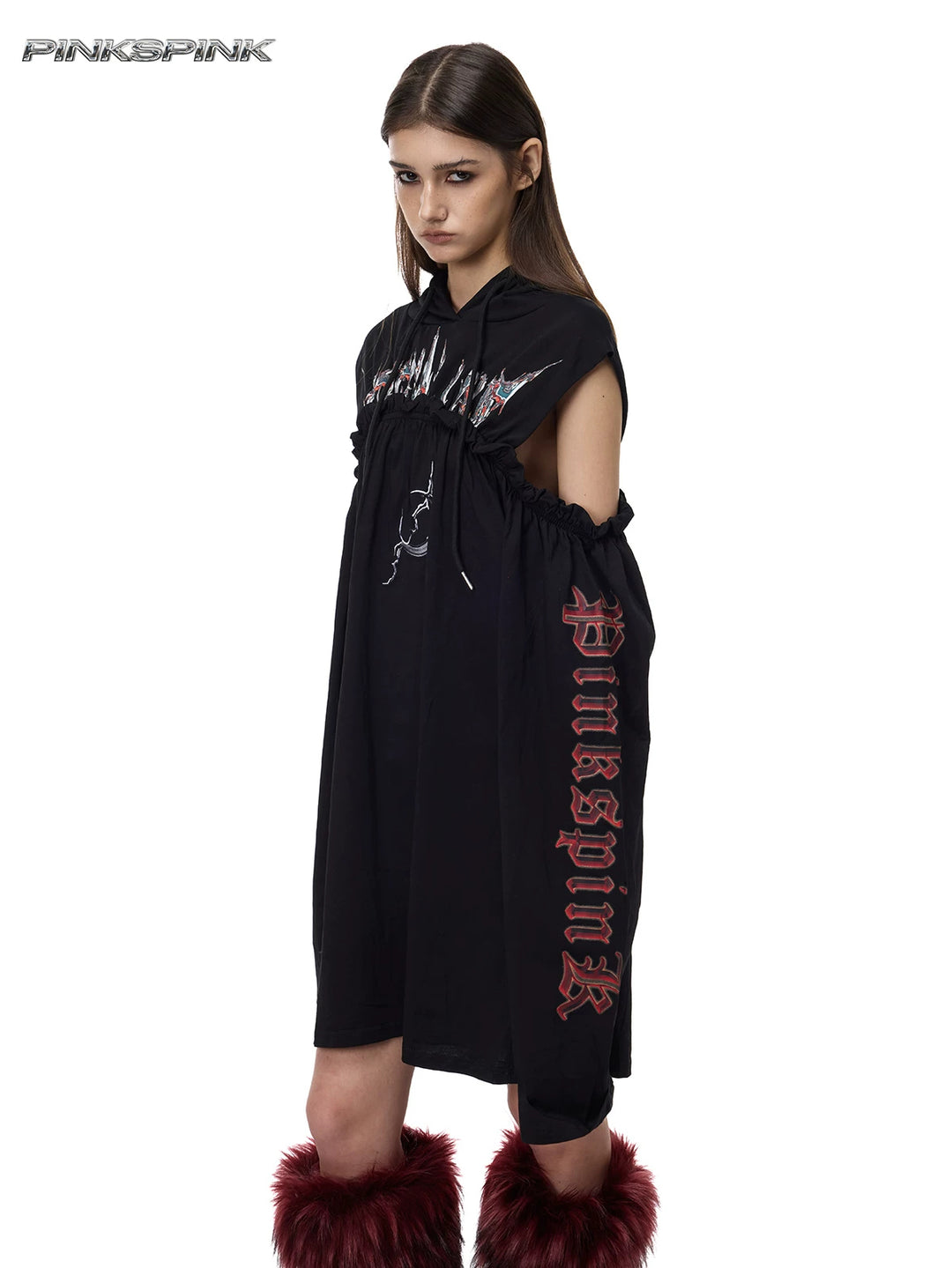 PINKSPINK ELECTRIC MOON cold-shoulder hooded sweatshirt dress in black — angled front modeled view showing cold-shoulder cutouts