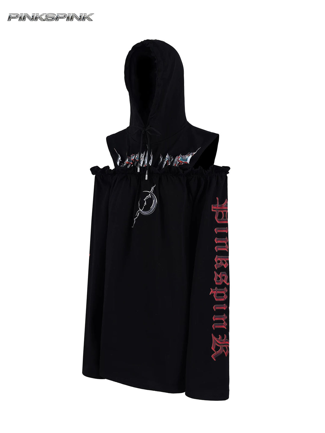 PINKSPINK ELECTRIC MOON cold-shoulder hooded sweatshirt dress in black — front garment-only view showing the hood and oversized sleeves