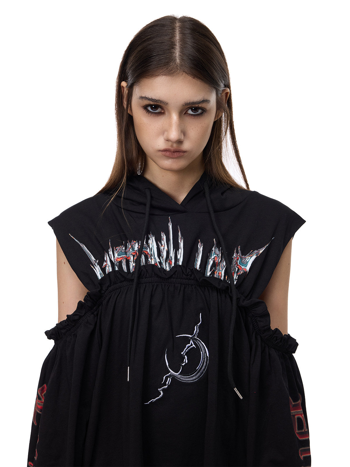 PINKSPINK ELECTRIC MOON cold-shoulder hooded sweatshirt dress in black — close-up of the chest print, hood drawstrings and moon embroidery