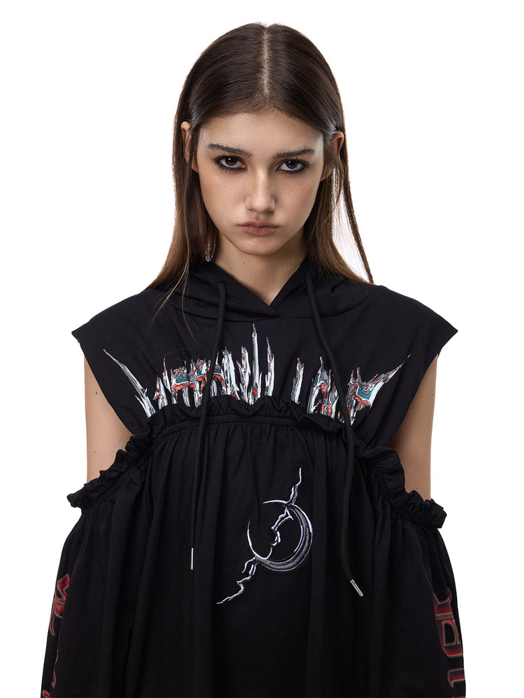 PINKSPINK ELECTRIC MOON cold-shoulder hooded sweatshirt dress in black — close-up of the chest print, hood drawstrings and moon embroidery