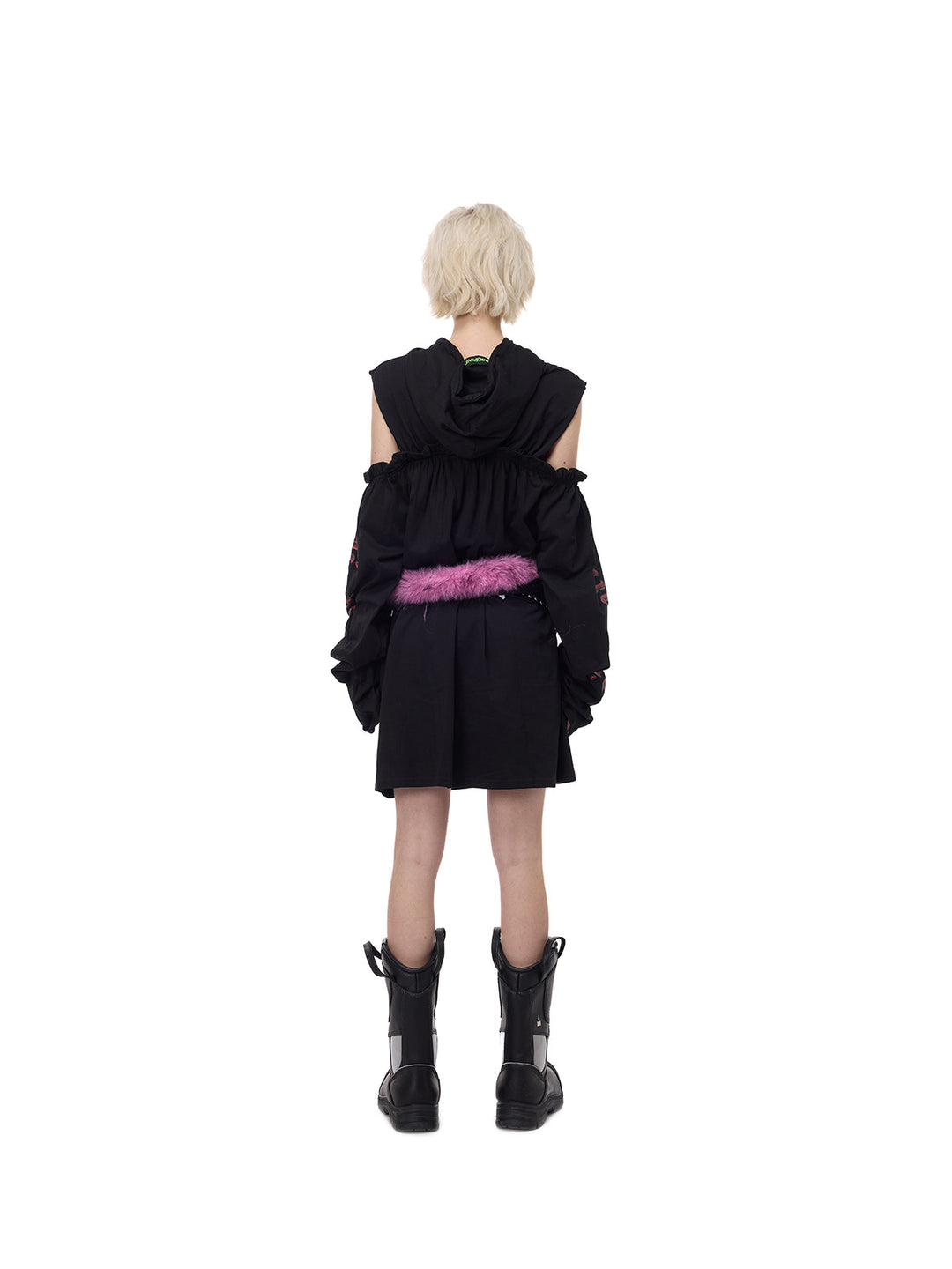 PINKSPINK ELECTRIC MOON cold-shoulder hooded sweatshirt dress in black — full-length back view showing the hood and shoulder cutouts