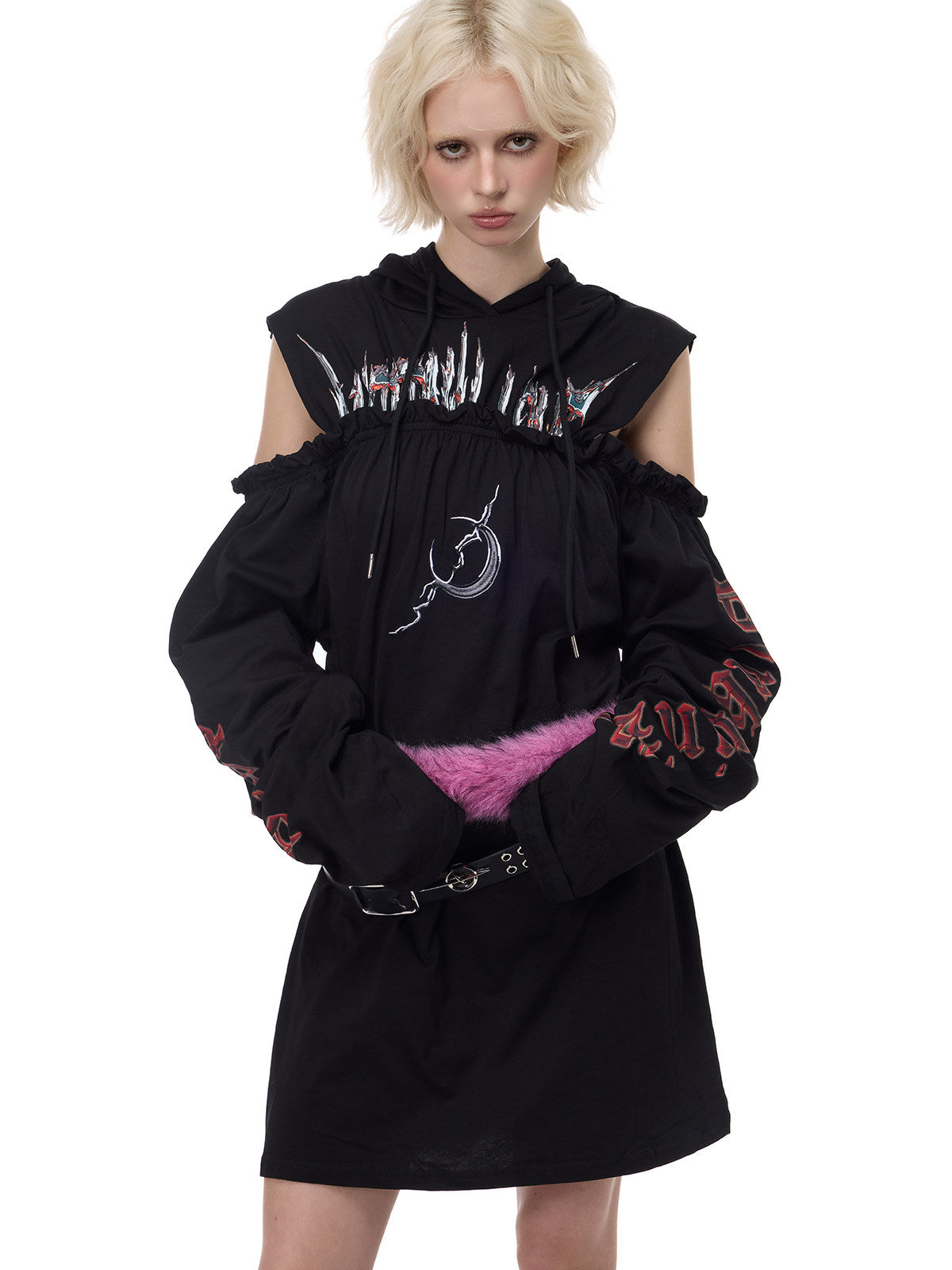 PINKSPINK ELECTRIC MOON cold-shoulder hooded sweatshirt dress in black — three-quarter front modeled view with hands together