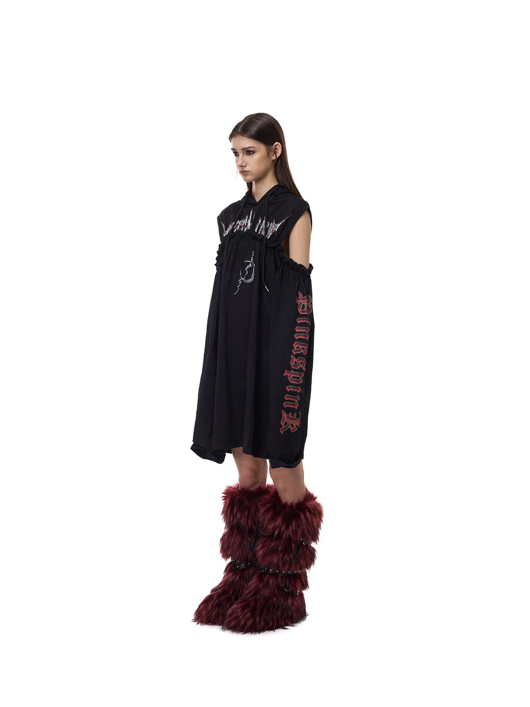 PINKSPINK ELECTRIC MOON cold-shoulder hooded sweatshirt dress in black — full-length side view showing oversized sleeves and hem