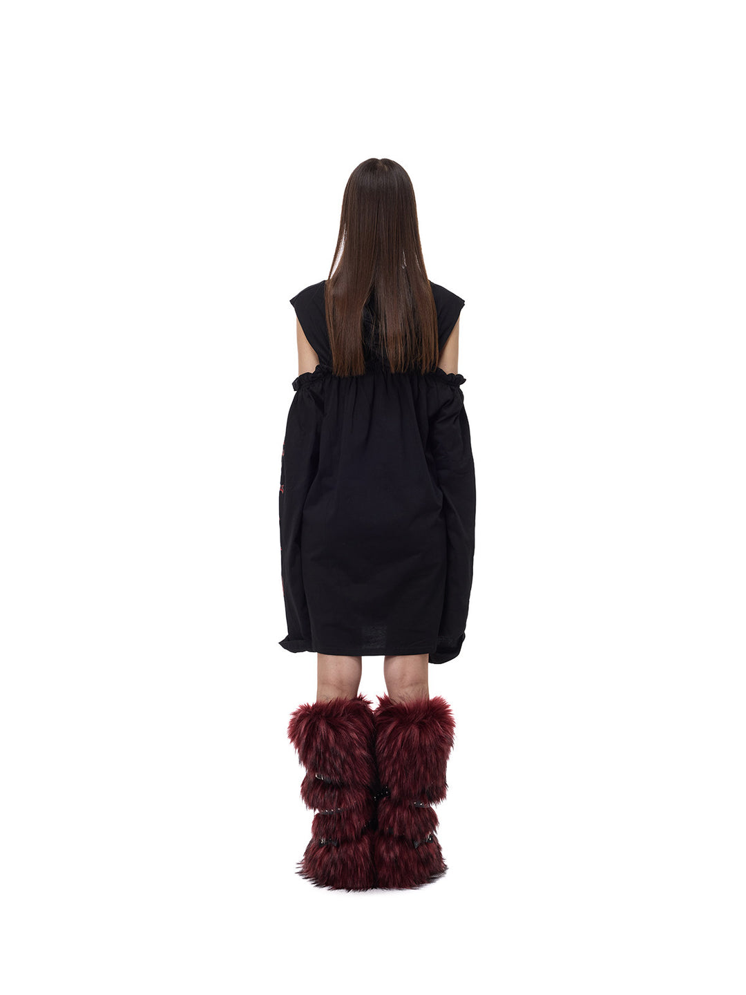PINKSPINK ELECTRIC MOON cold-shoulder hooded sweatshirt dress in black — straight-on full-length rear modeled view