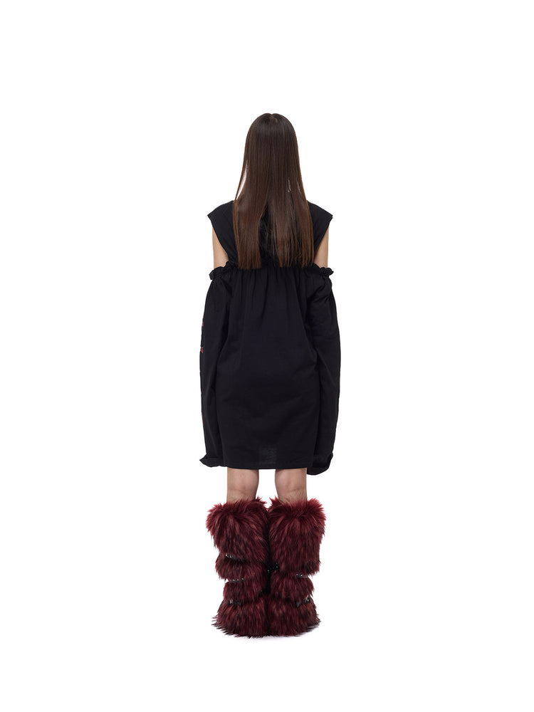 PINKSPINK ELECTRIC MOON cold-shoulder hooded sweatshirt dress in black — straight-on full-length rear modeled view
