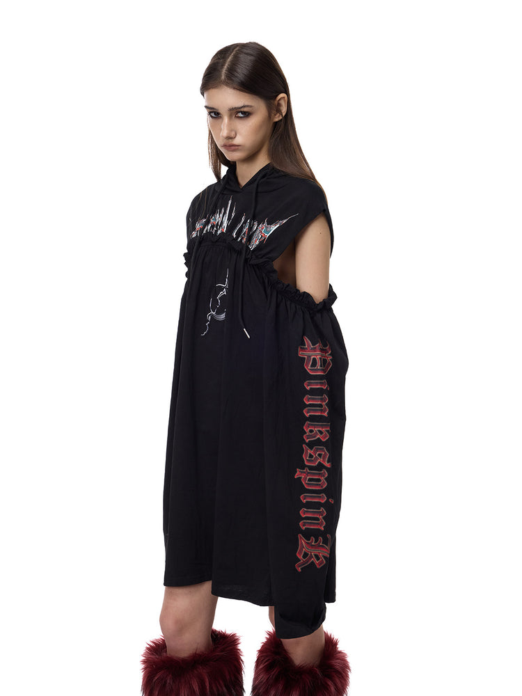 PINKSPINK ELECTRIC MOON cold-shoulder hooded sweatshirt dress in black — angled front modeled view of the unbelted silhouette