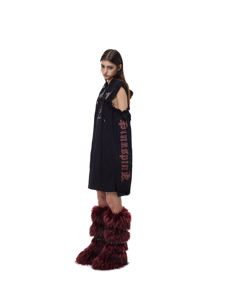 PINKSPINK ELECTRIC MOON cold-shoulder hooded sweatshirt dress in black — full-length side modeled view highlighting the open shoulder