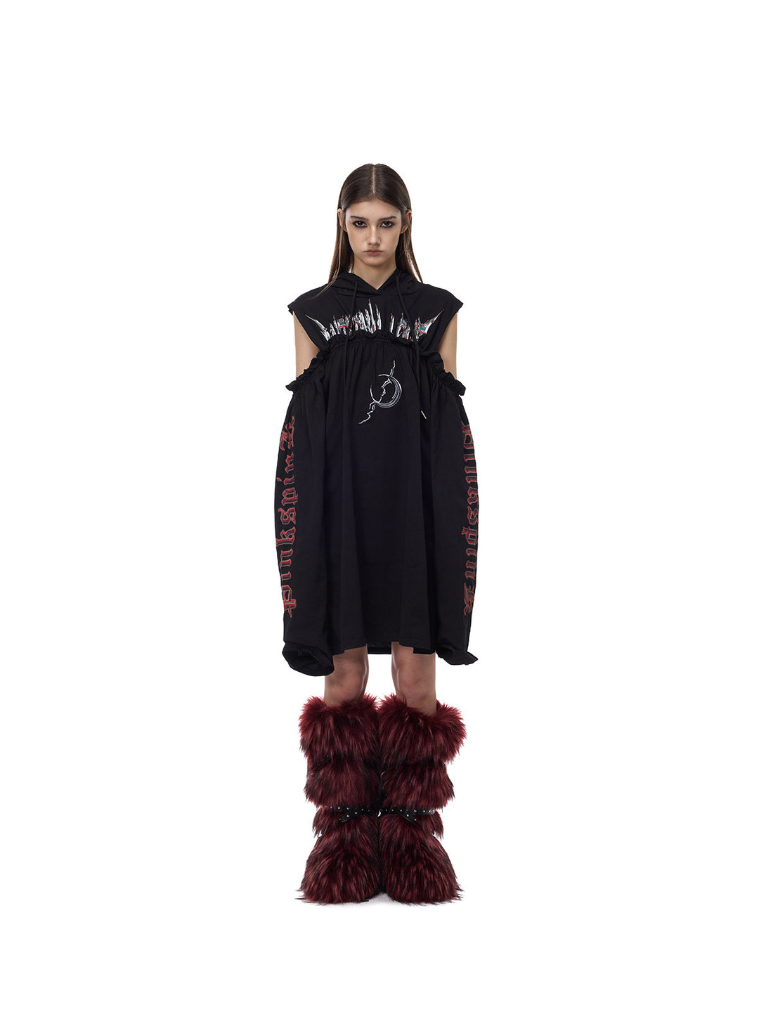 PINKSPINK ELECTRIC MOON cold-shoulder hooded sweatshirt dress in black — full-length unbelted front modeled view