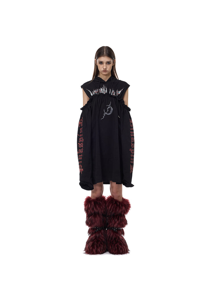 PINKSPINK ELECTRIC MOON cold-shoulder hooded sweatshirt dress in black — full-length unbelted front modeled view