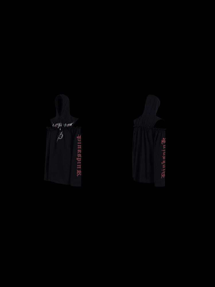 PINKSPINK ELECTRIC MOON cold-shoulder hooded sweatshirt dress in black — front and back garment-only comparison on a black background