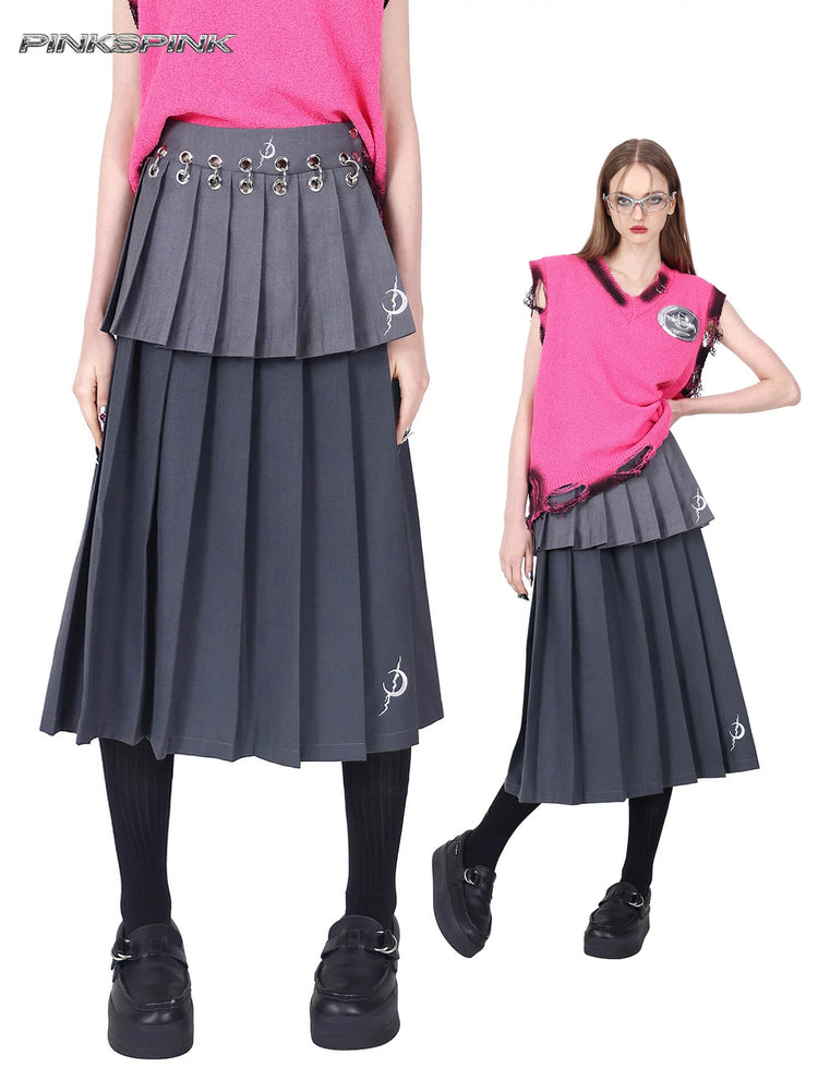 PINKSPINK REBEL detachable layered pleated skirt in gray — collage of the layered pleats, ring-linked waistband and full outfit