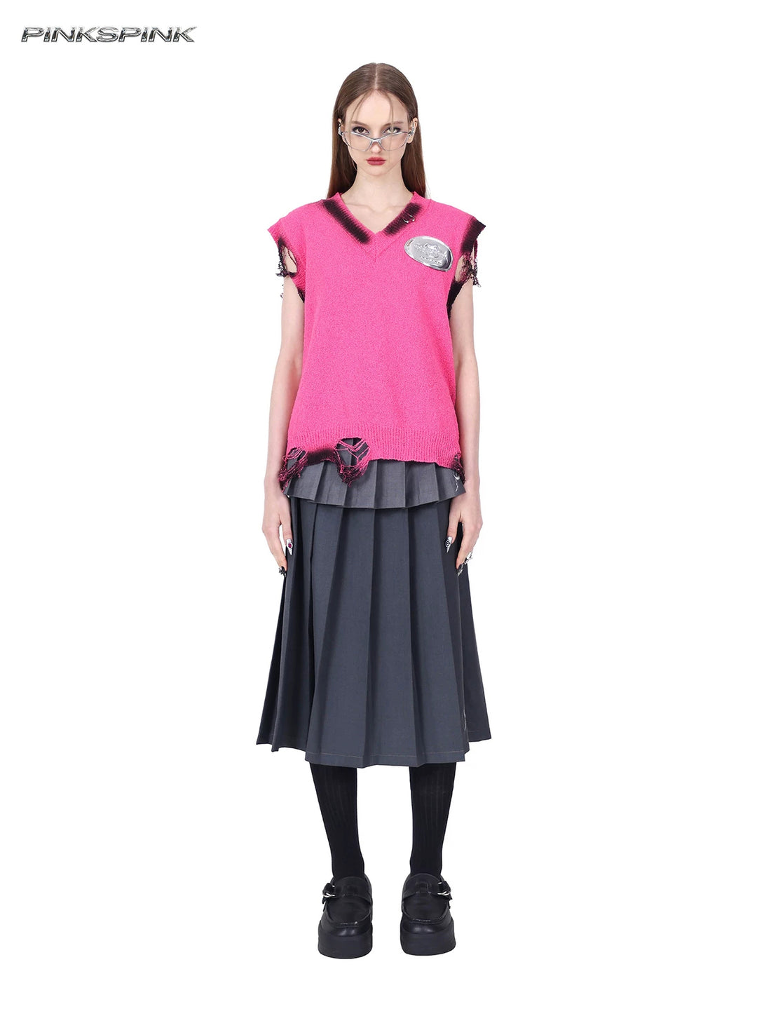 PINKSPINK REBEL detachable layered pleated skirt in gray — full-length front modeled view with both skirt layers