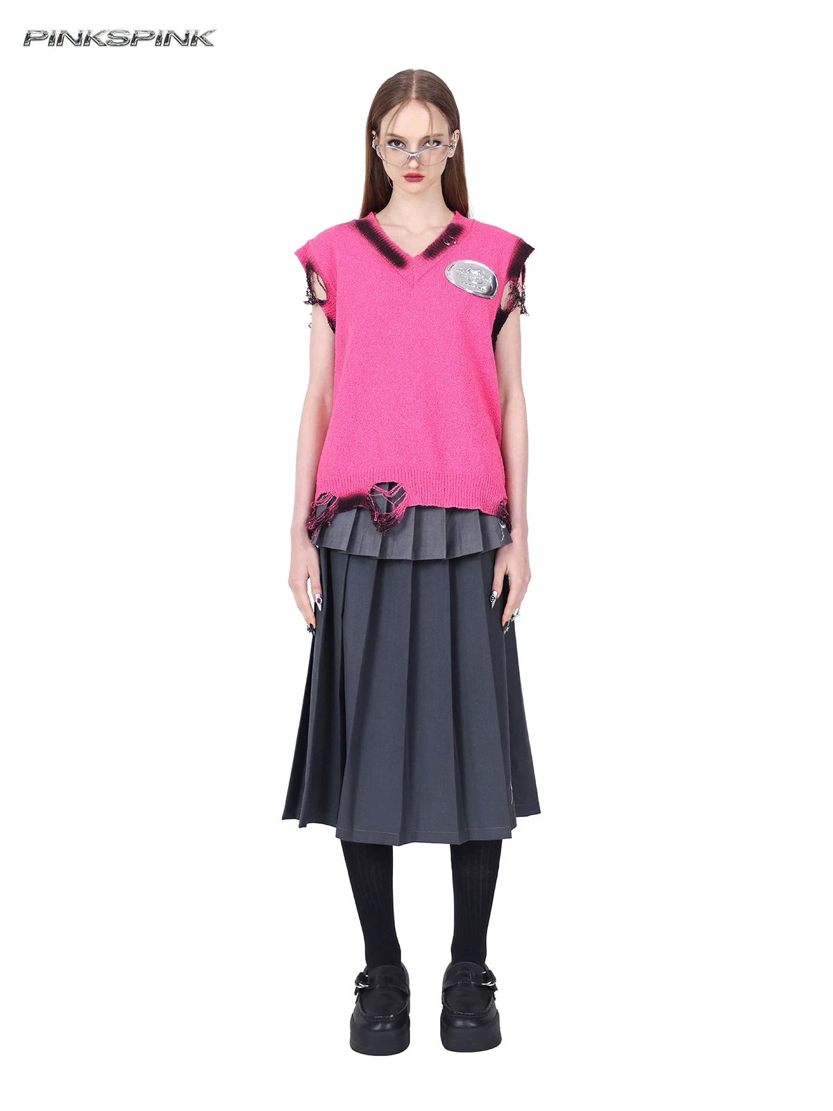 PINKSPINK REBEL detachable layered pleated skirt in gray — full-length front modeled view with both skirt layers