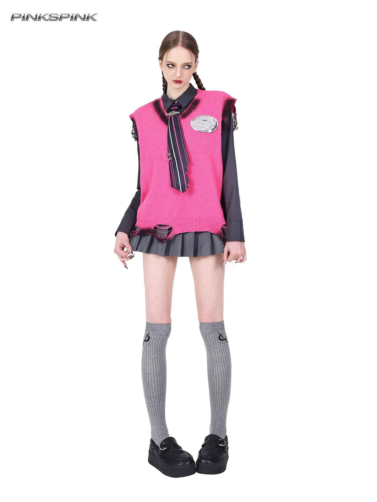 PINKSPINK REBEL detachable layered pleated skirt in gray — full-length front view of the short skirt configuration