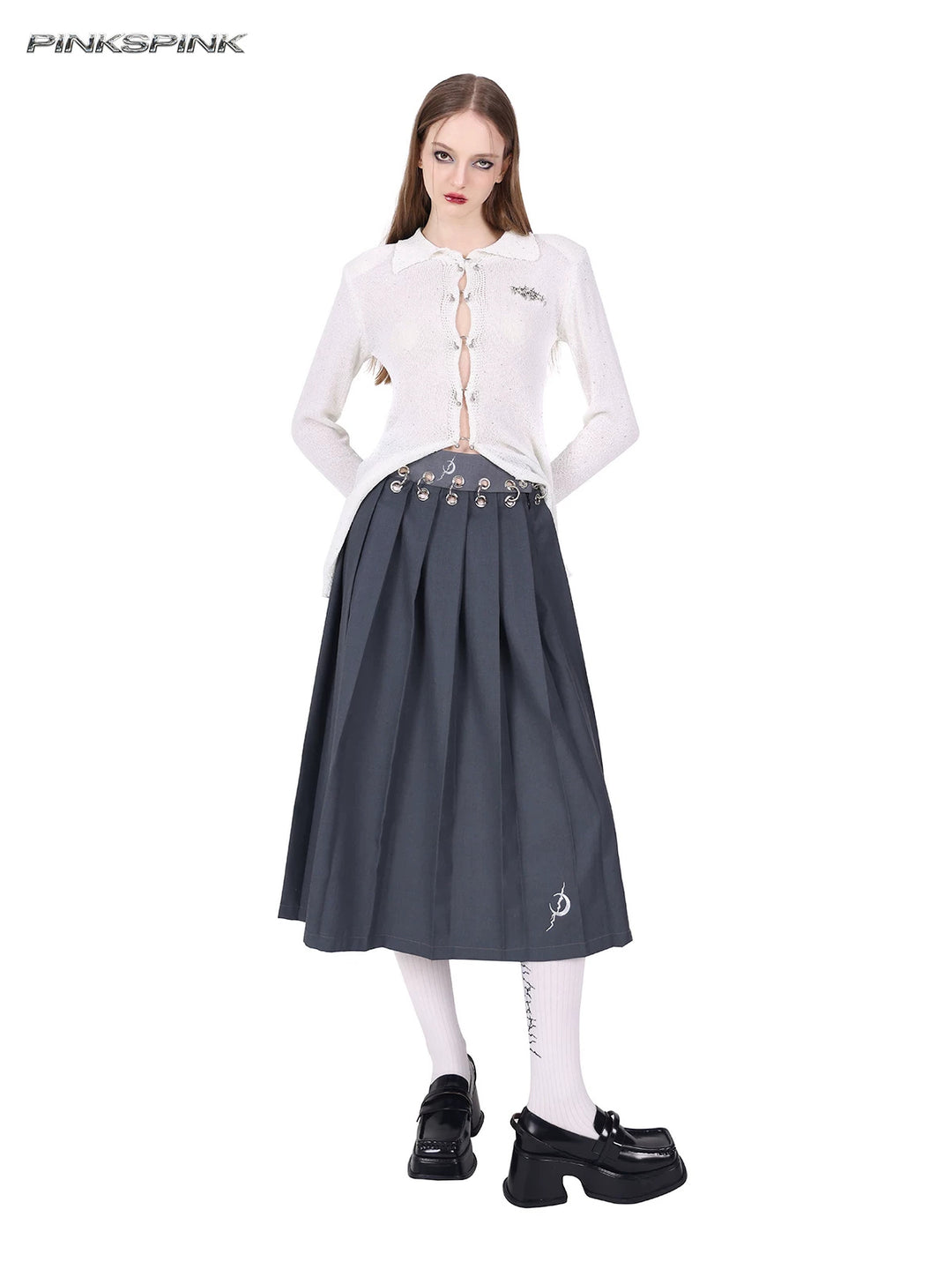PINKSPINK REBEL detachable layered pleated skirt in gray — angled full-length front view of the long skirt configuration