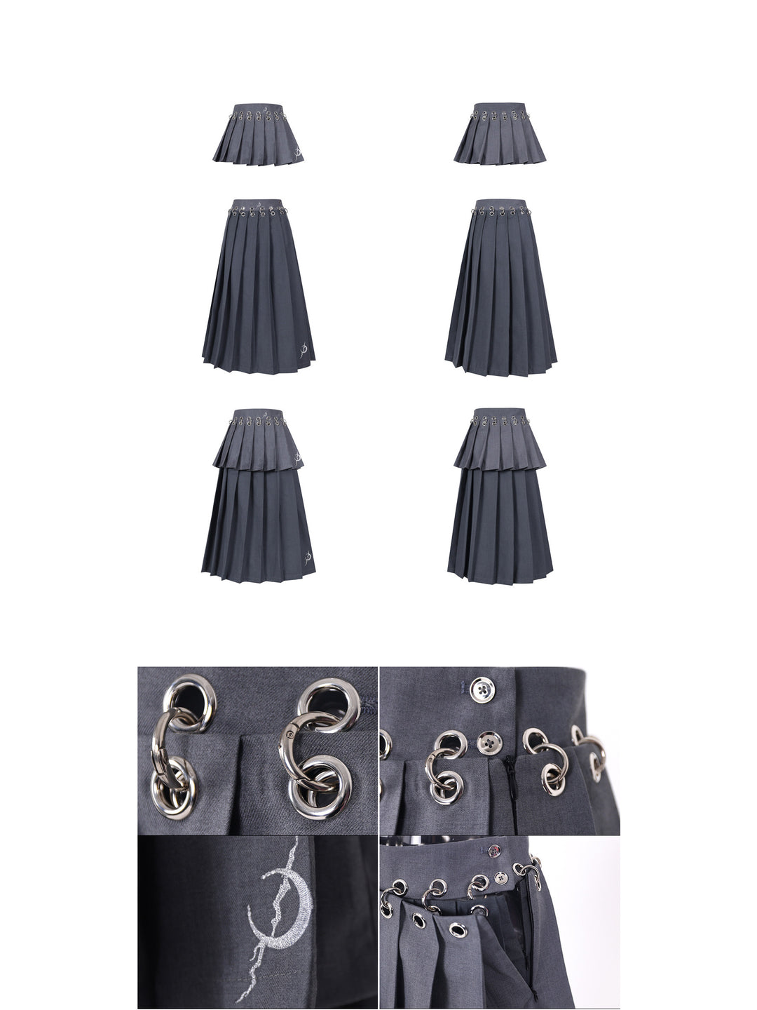 PINKSPINK REBEL detachable layered pleated skirt in gray — short, long and layered garment views with ring fastener and embroidery close-ups