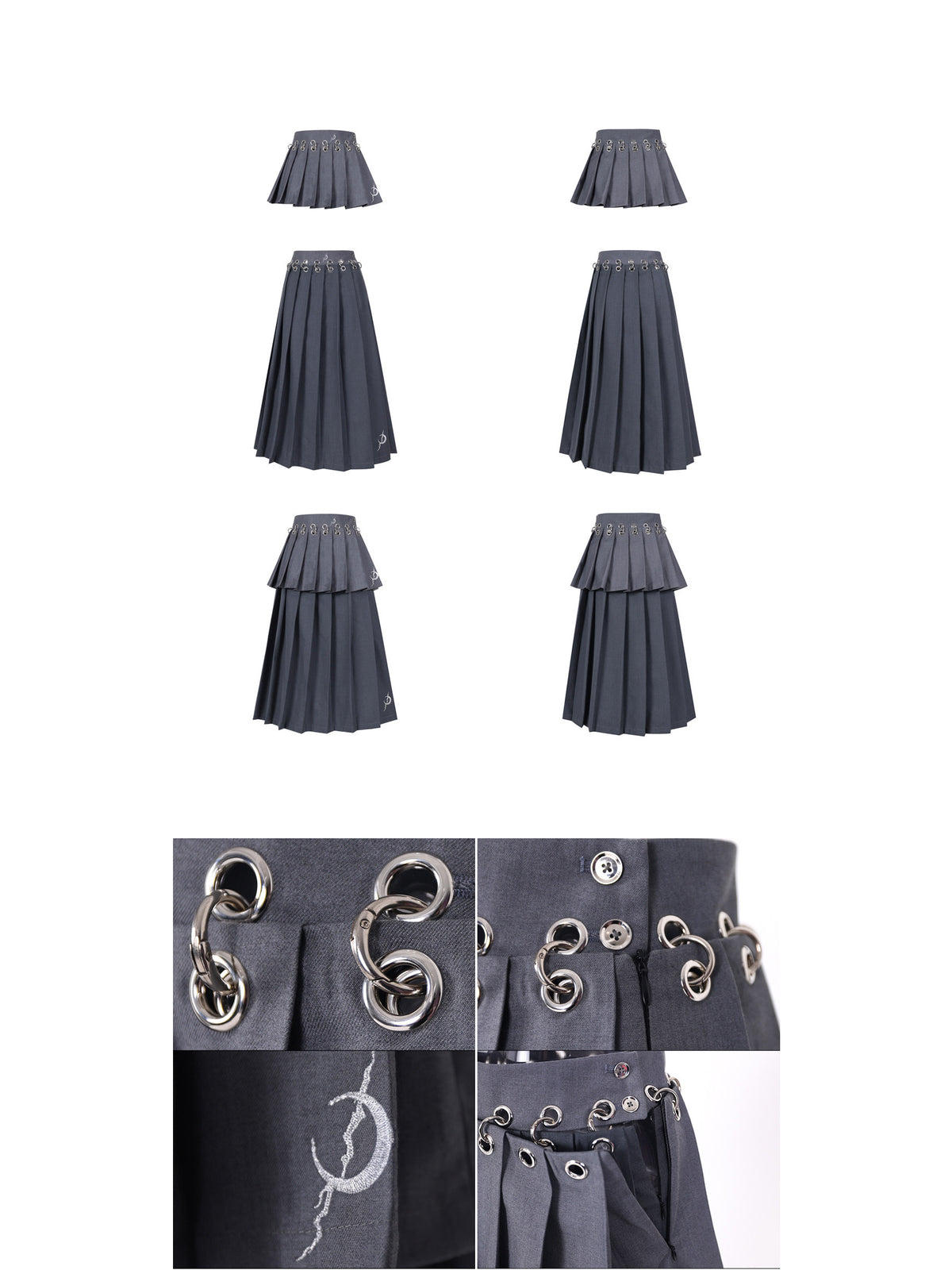 PINKSPINK REBEL detachable layered pleated skirt in gray — short, long and layered garment views with ring fastener and embroidery close-ups