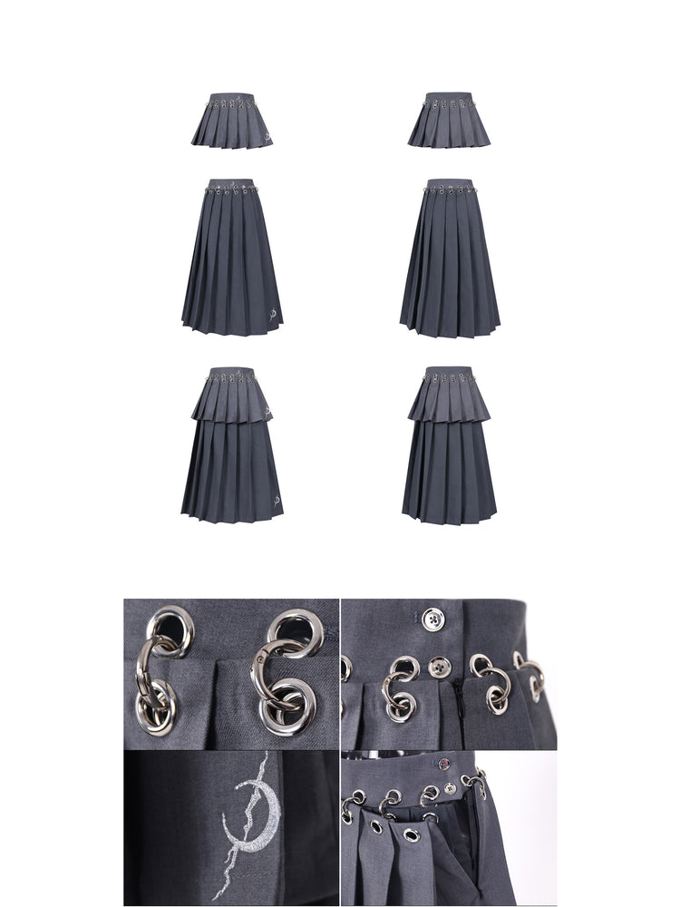 PINKSPINK REBEL detachable layered pleated skirt in gray — short, long and layered garment views with ring fastener and embroidery close-ups