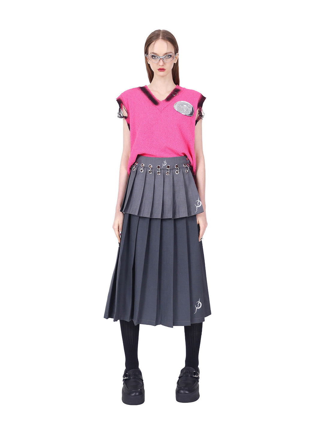 PINKSPINK REBEL detachable layered pleated skirt in gray — full-length front modeled view showing the exposed ring-linked waistband