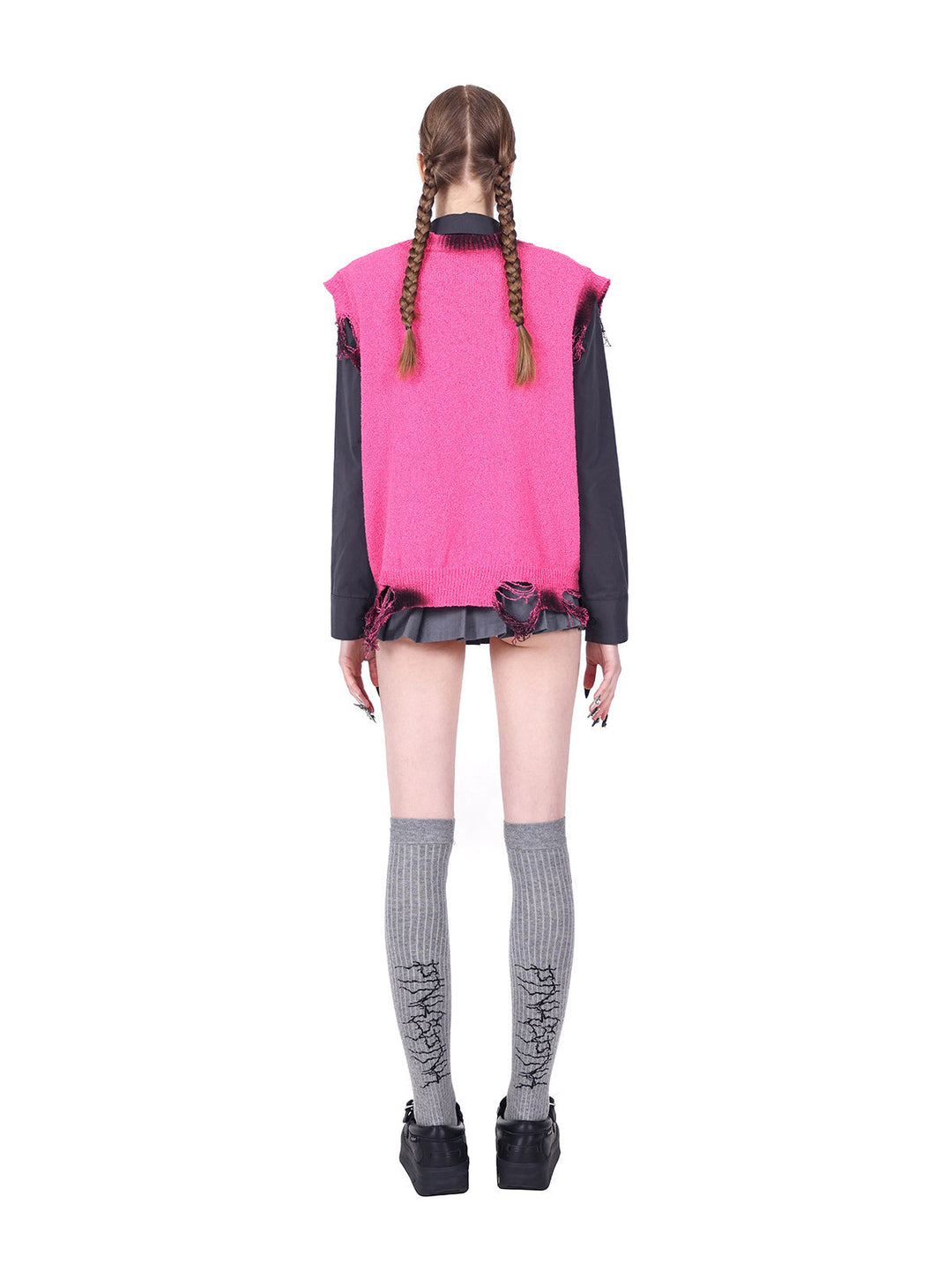 PINKSPINK REBEL detachable layered pleated skirt in gray — full-length rear modeled view of the short skirt configuration