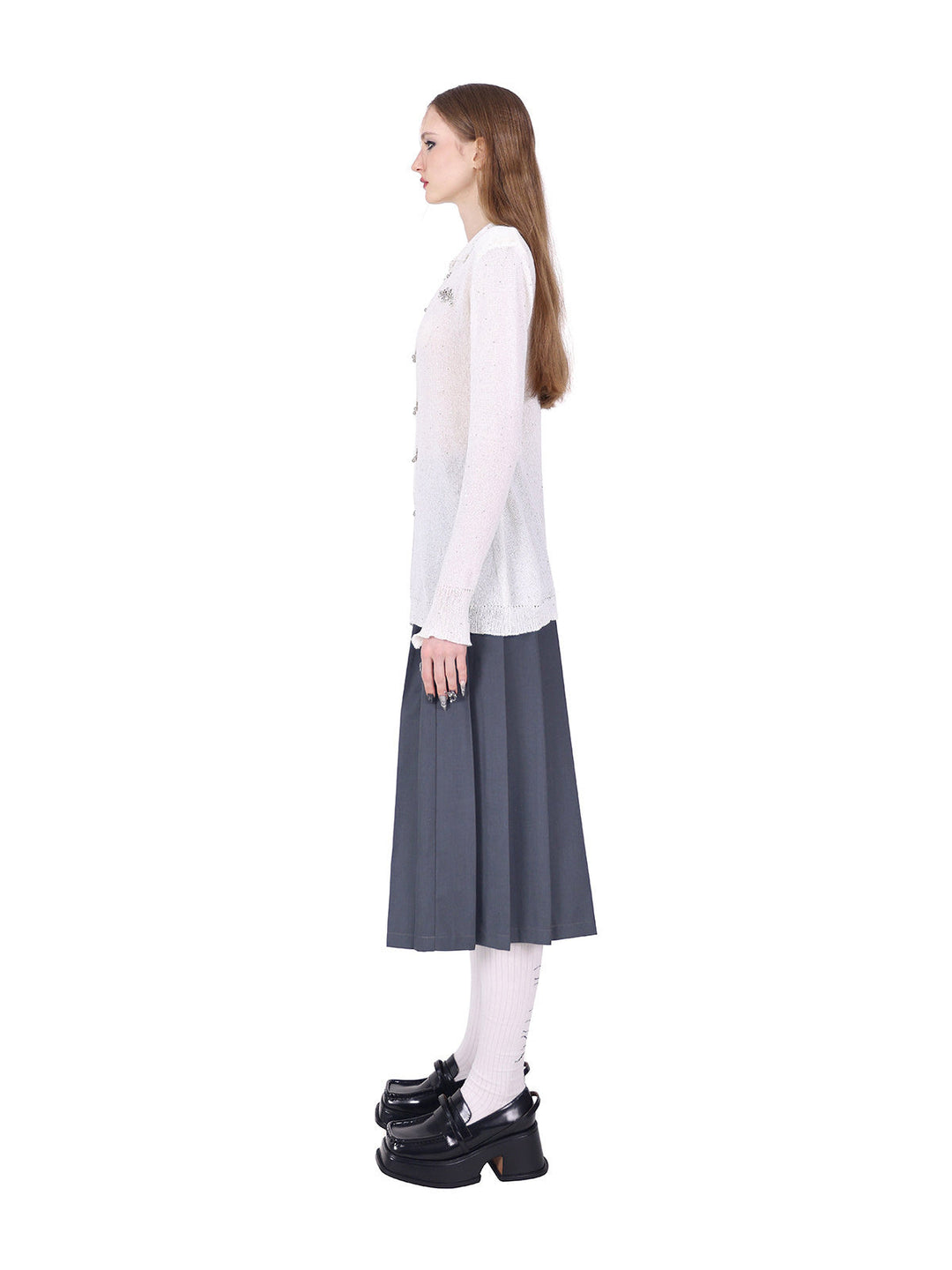 PINKSPINK REBEL detachable layered pleated skirt in gray — full-length side modeled view of the long skirt