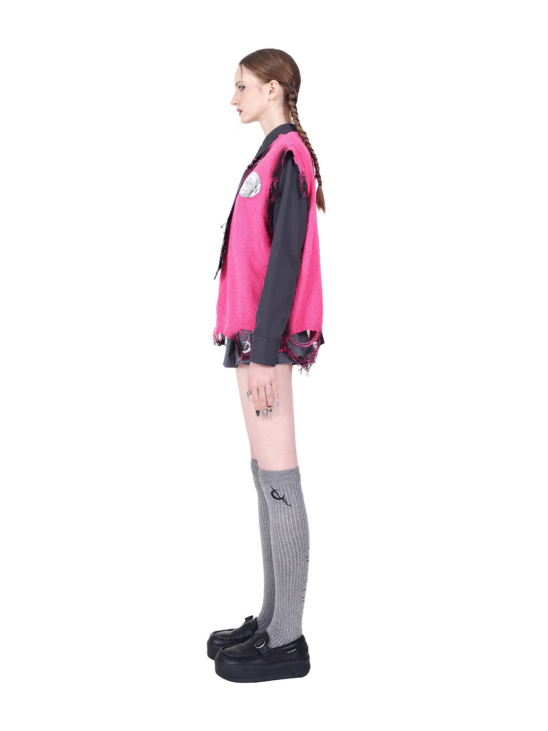 PINKSPINK REBEL detachable layered pleated skirt in gray — full-length side modeled view of the short skirt configuration