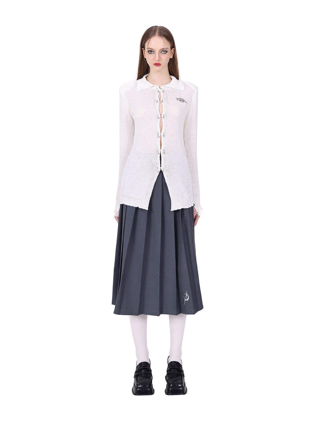 PINKSPINK REBEL detachable layered pleated skirt in gray — straight-on full-length front view of the long skirt configuration