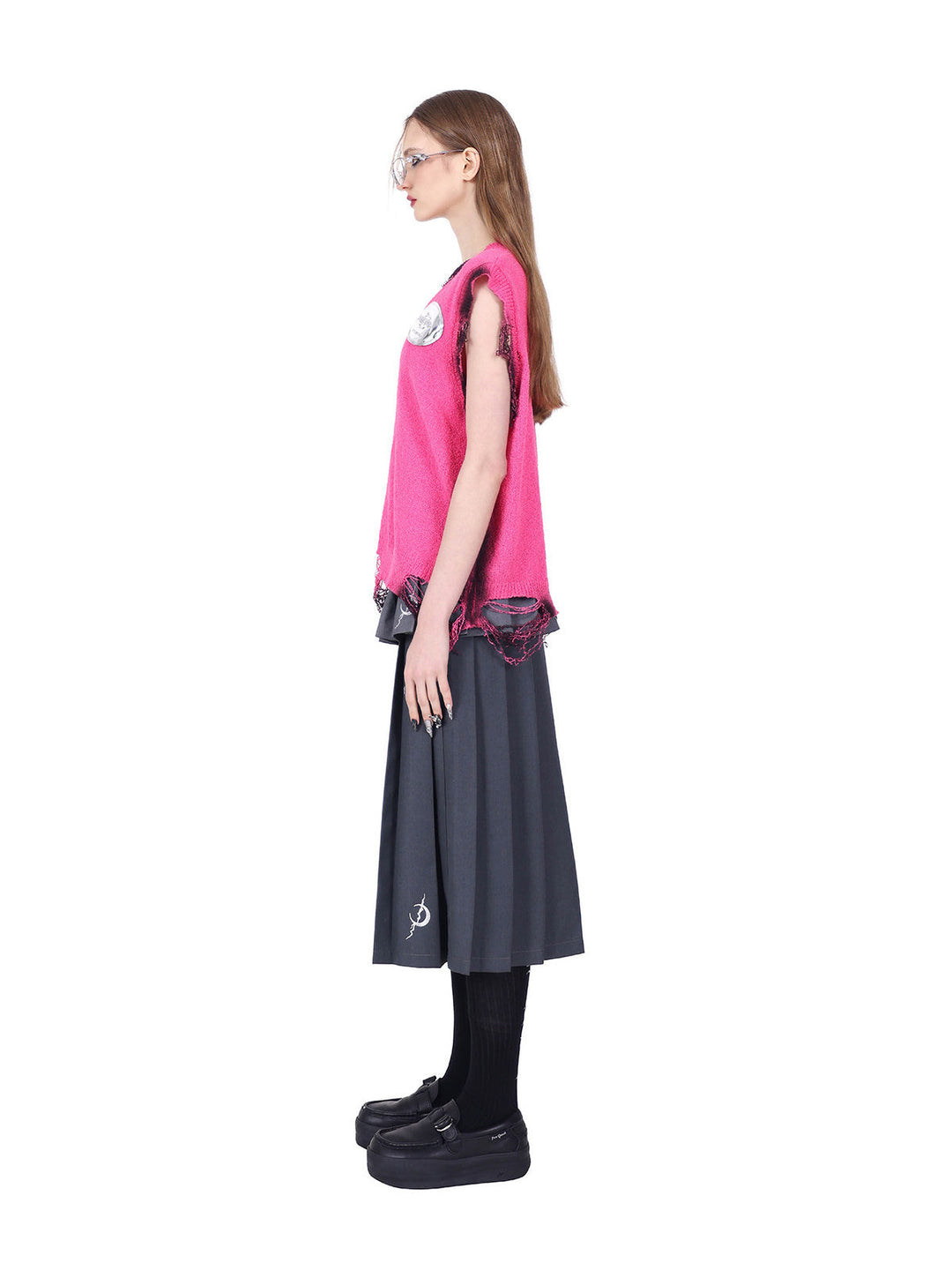 PINKSPINK REBEL detachable layered pleated skirt in gray — full-length side modeled view of the layered skirt