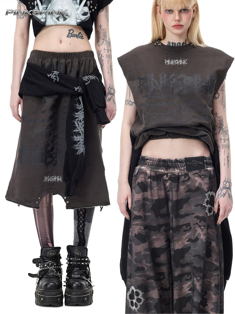 PINKSPINK REMAKE convertible thorn skirt in black gray — collage showing the same convertible garment worn as a skirt and as a tank