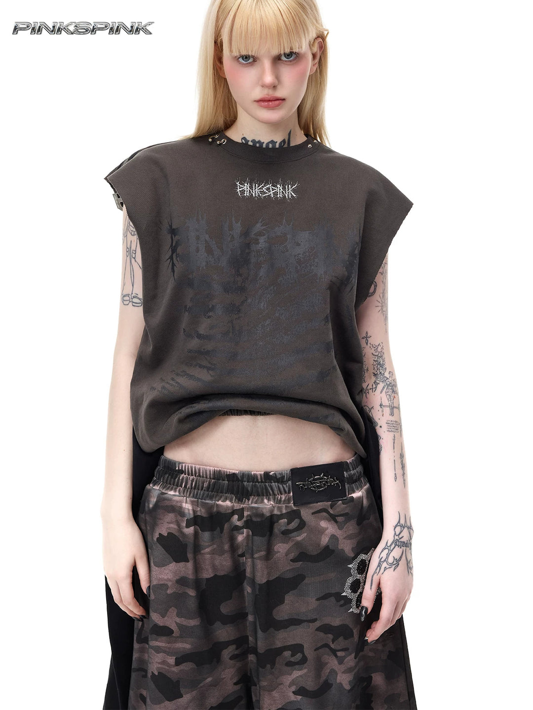 PINKSPINK REMAKE convertible thorn skirt in black gray — close front modeled view in tank configuration showing thorn graphics and gathered hem