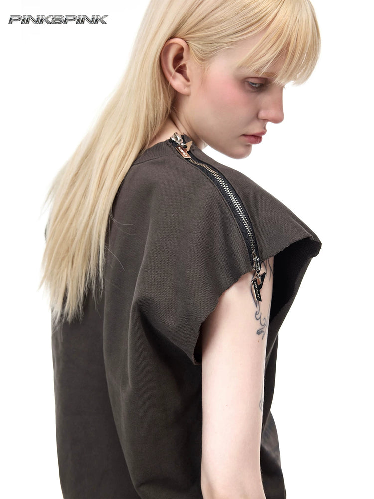 PINKSPINK REMAKE convertible thorn skirt in black gray — rear shoulder close-up showing the zipper opening in tank configuration