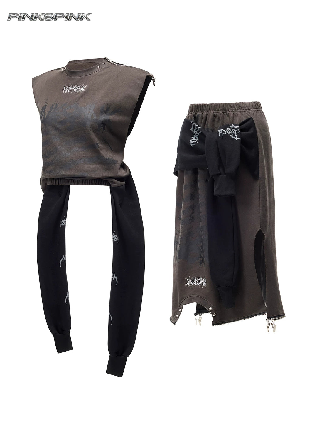PINKSPINK REMAKE convertible thorn skirt in black gray — garment-only comparison of tank and skirt configurations