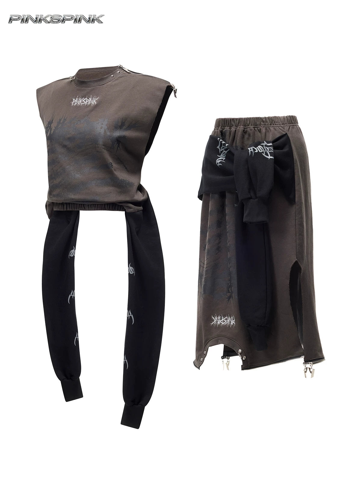 PINKSPINK REMAKE convertible thorn skirt in black gray — garment-only comparison of tank and skirt configurations