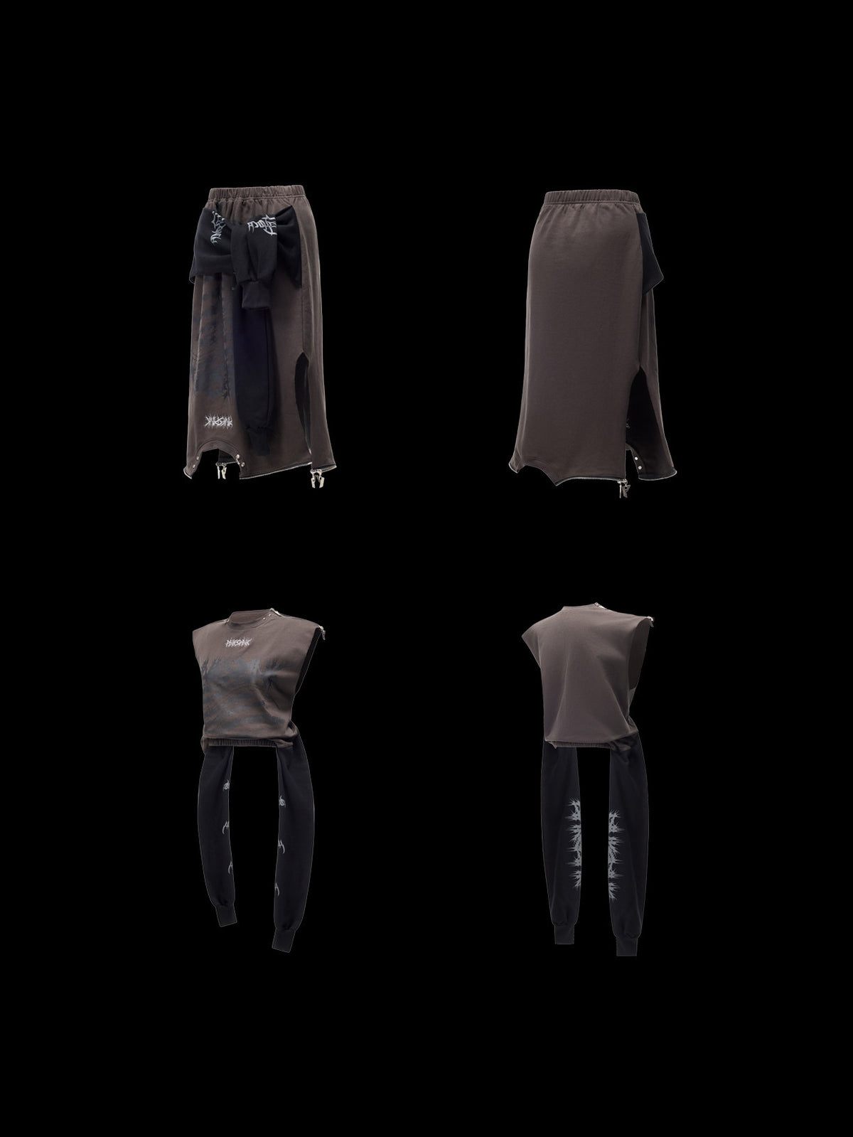 PINKSPINK REMAKE convertible thorn skirt in black gray — front and rear garment-only views of both skirt and tank configurations