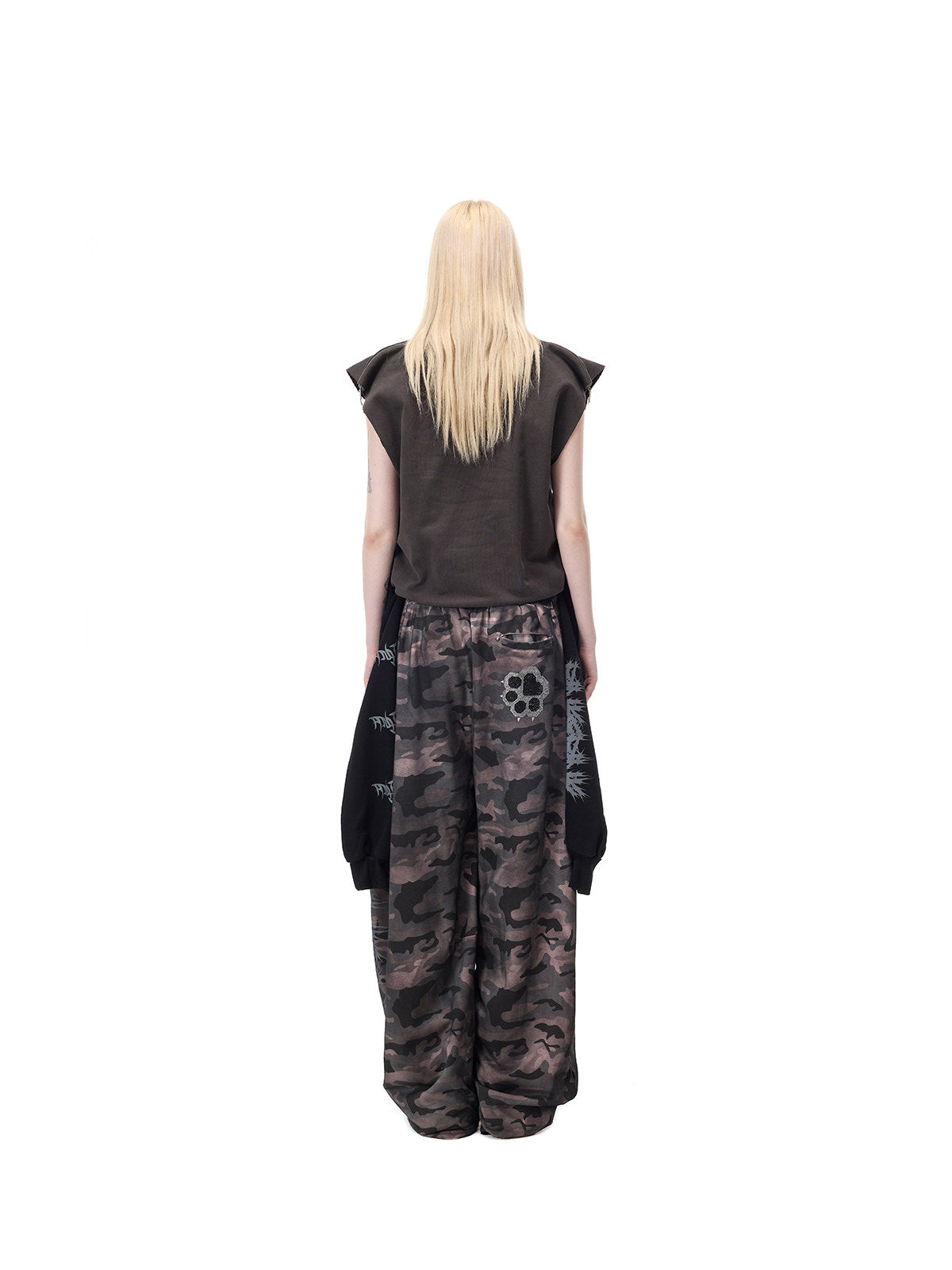 PINKSPINK REMAKE convertible thorn skirt in black gray — full-length rear modeled view in tank configuration with attached black sleeves