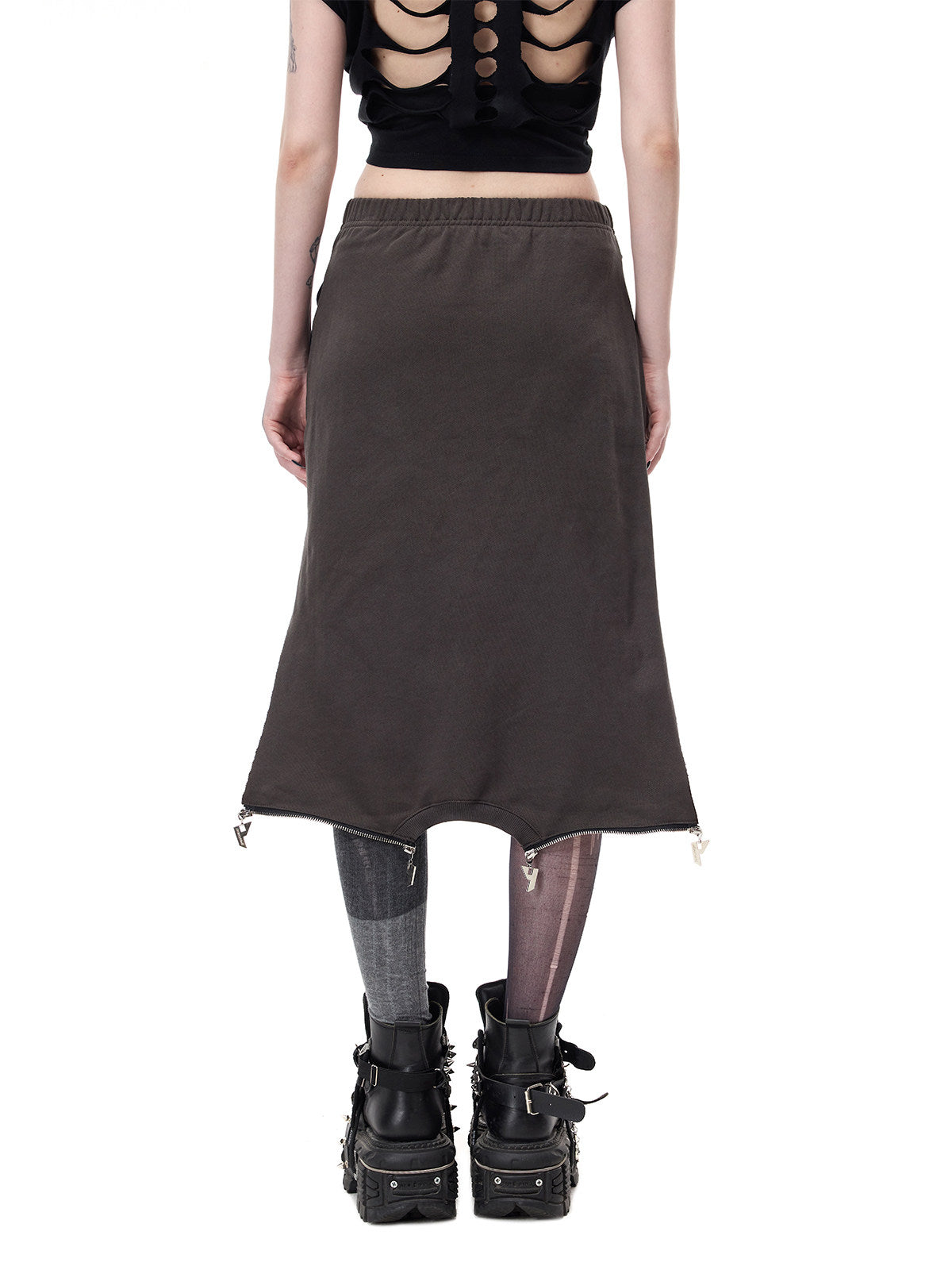 PINKSPINK REMAKE convertible thorn skirt in black gray — close rear view of the skirt showing its A-line shape and zipper-trimmed hem