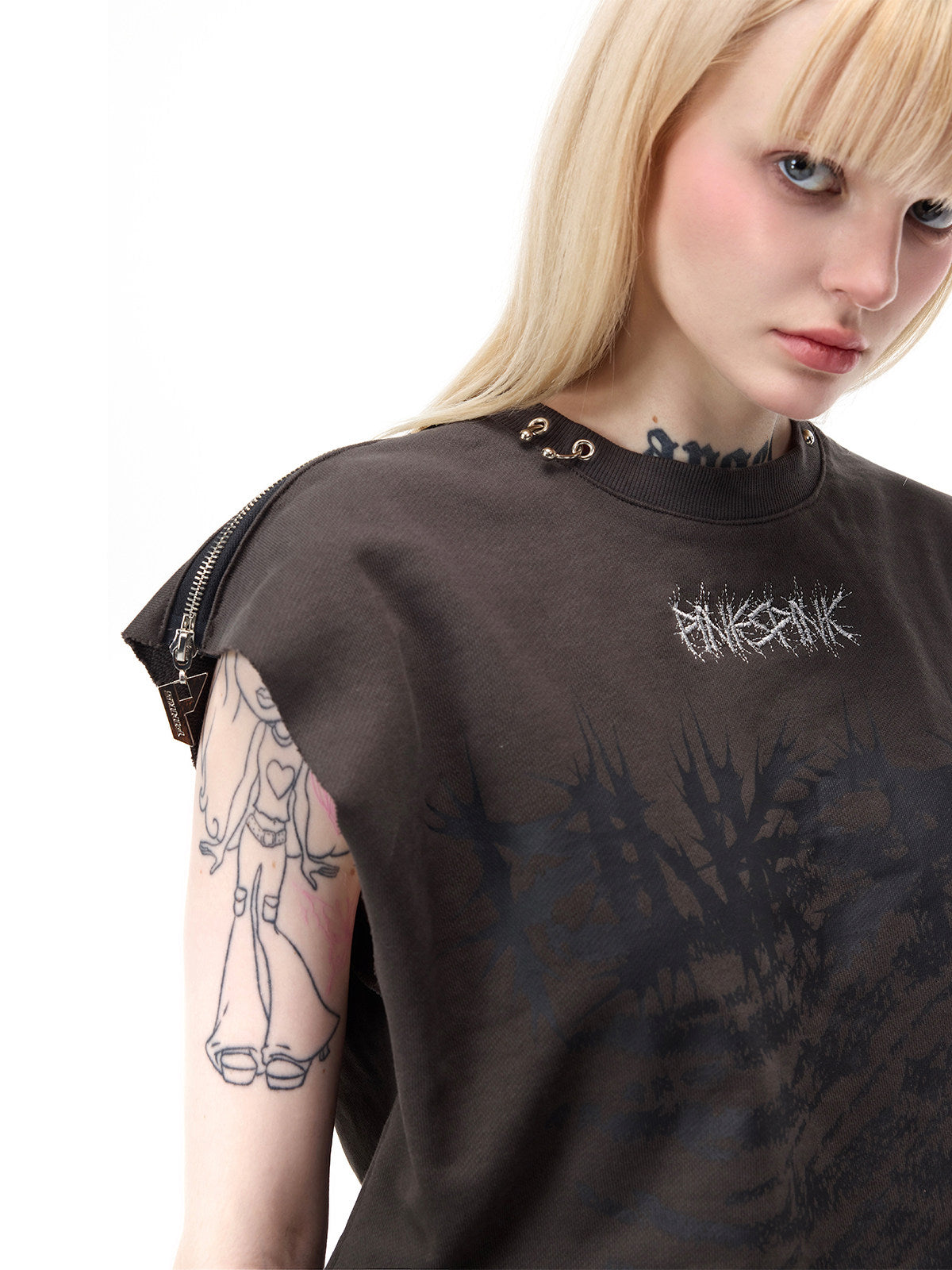 PINKSPINK REMAKE convertible thorn skirt in black gray — close-up of the tank’s chest print, neckline accents and shoulder zipper