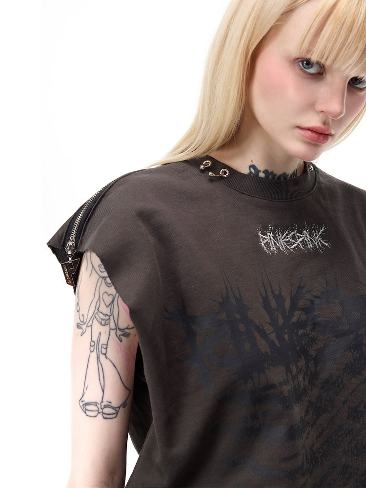 PINKSPINK REMAKE convertible thorn skirt in black gray — close-up of the tank’s chest print, neckline accents and shoulder zipper